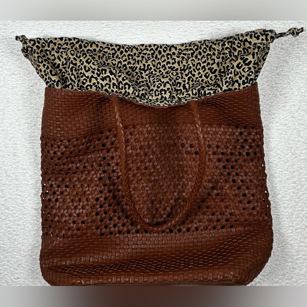 Talbots Woven Leather Tote Bag 100% Cotton Lining with Drawstring - Picture 5 of 14